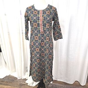 2/$30 Rhyvaa Long Abstract Indian Print Kurti Dress Tunic‎ Size M Cotton